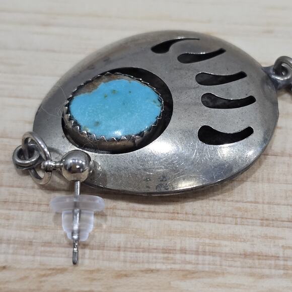 Silver Turquoise Bear Paw Feather Dangle Earrings Native American Tribal - Picture 6 of 13